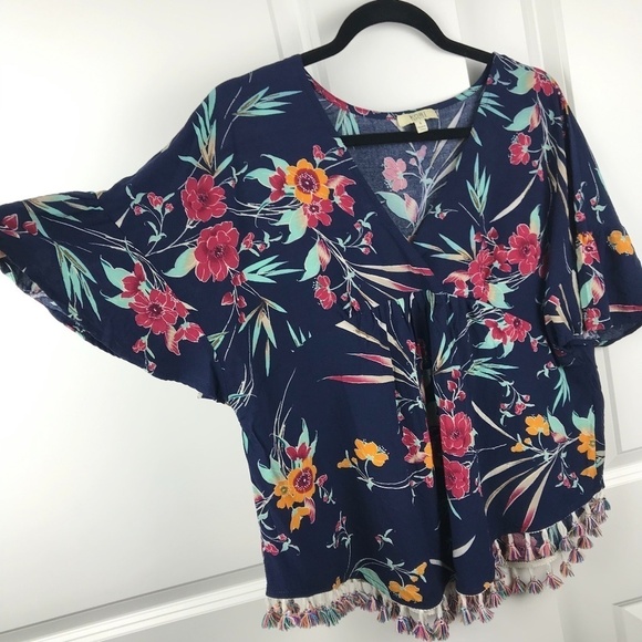 Kori America Navy Floral Pom Pom Boho Top- small - Picture 6 of 13